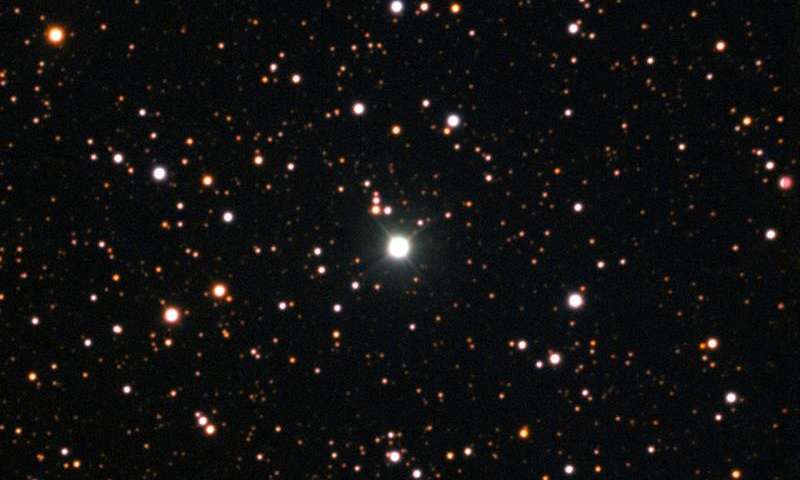 This image from the New Technology Telescope at ESO’s La Silla Observatory shows Nova Centauri 2013 in July 2015 as the brightest star in the center of the picture. This was more than eighteen months after the initial explosive outburst. This nova was the first in which evidence of lithium has been found. 
Image via phys