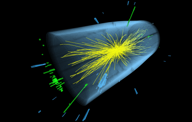 Pairs of photons (green) produced in LHC collisions suggest the existence of a boson with a mass of 750 gigaelectronvolts. Image credits: CERN.
