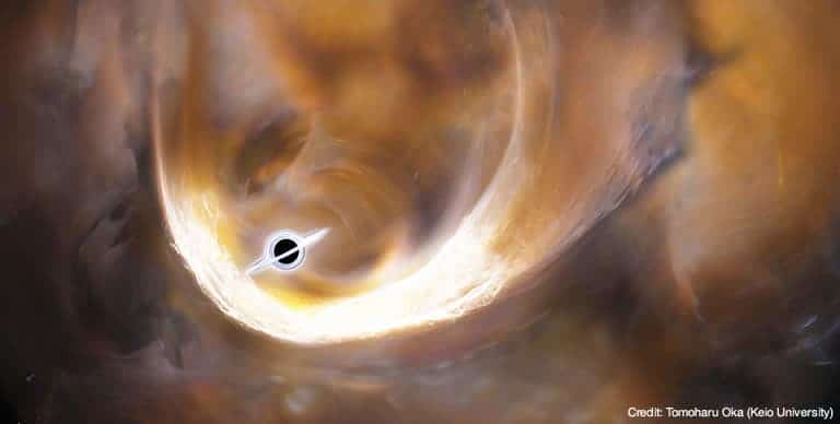 Artist's impression of the clouds scattered by an intermediate mass black hole.
Credit: Tomoharu Oka (Keio University)