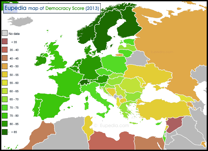 This map is based on the data from DemocracyRanking.org for 2013 (situation in 2011-12), compiled by the University of Klagenfurt, Austria. Source: Eupedia. 