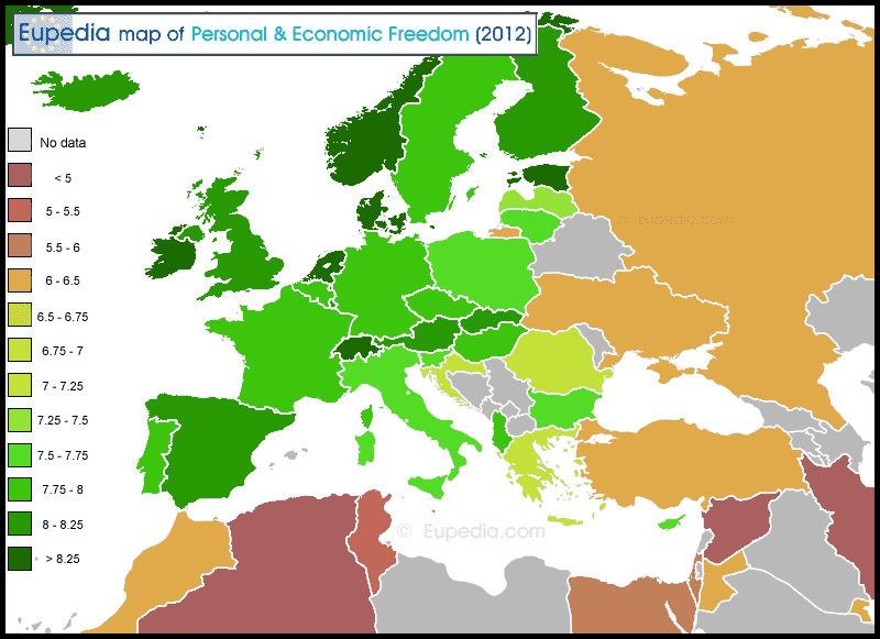Map reflecting democracy in Europe. This map is based on the data from DemocracyRanking.org for 2013 (situation in 2011-12), compiled by the University of Klagenfurt, Austria. 