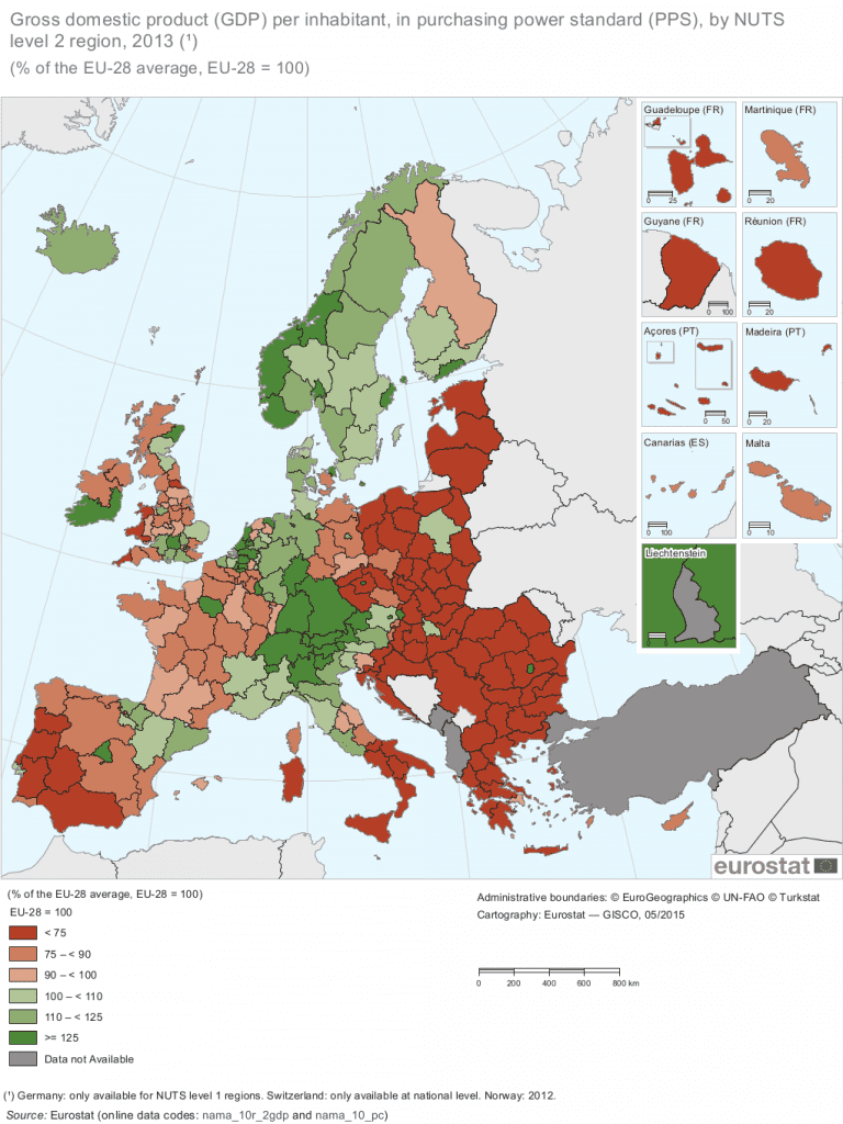 GDP per capita in 2013 for NUTS level 2 regions, with the value for each region expressed as a percentage of the EU-28 average (set to equal 100 %). It portrays relatively ‘rich’ regions (shown in green) where GDP per capita was above the EU average and relatively ‘poor’ regions (shown in red). Credit: Eurostat