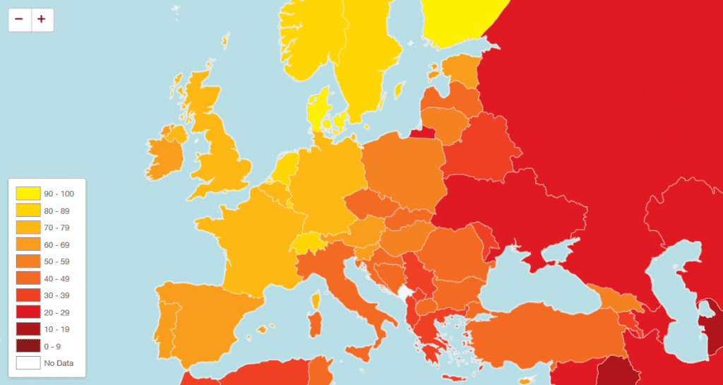 Countries of Europe by perceived corruption index.