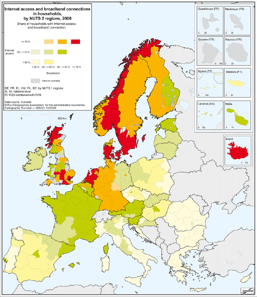 Internet access and broadband connections in households, 2008 data. Image: Eurostat.