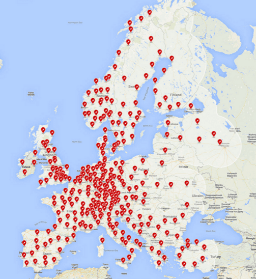 Projected Tesla Supercharger network in Europe for 2016. Russia is still a no go. Image: screengrab Tesla website.