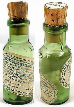 Old homeopathic remedy, Hepar sulphide. Photo by Wikidudeman.