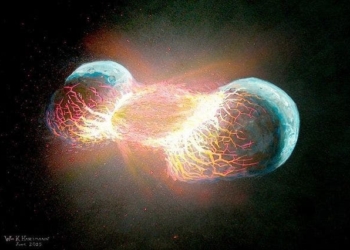 Artistic depiction of the collision between Earth and Theia. Copyright William K. Hartmann