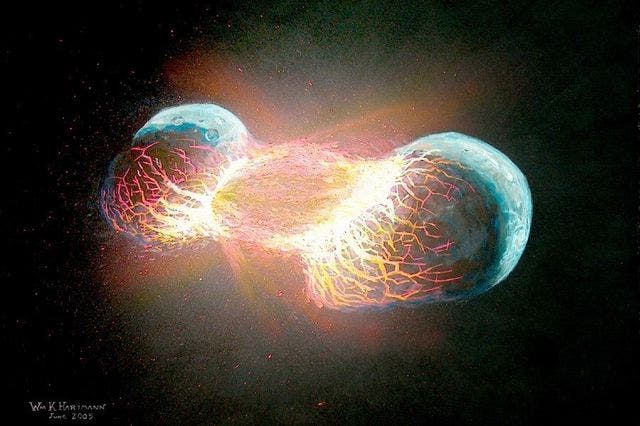 Artistic depiction of the collision between Earth and Theia. Copyright William K. Hartmann 