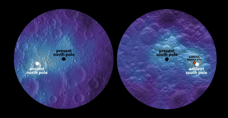 Maps of lunar polar hydrogen (proxy for water ice). White dots mark maximum abundance. Credit: James Tuttle Keane


Read more at: http://phys.org/news/2016-03-moon-tilt-earth.html#jCp
