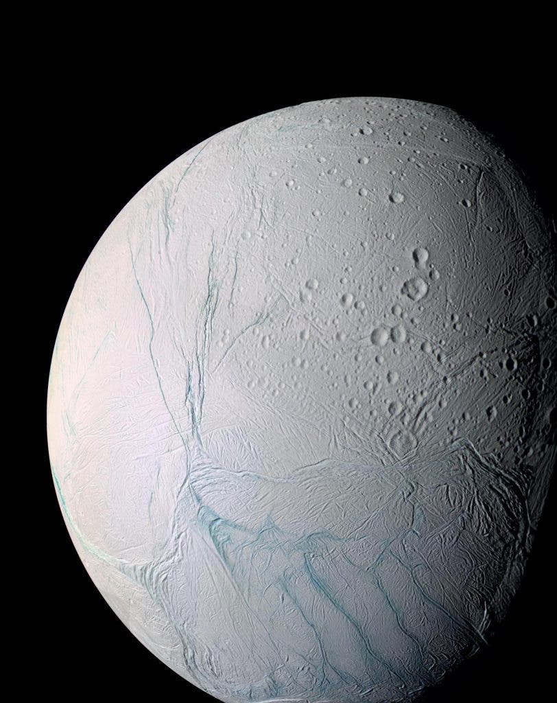 This enhanced color view of Enceladus shows much of the southern hemisphere and includes the south polar terrain at the bottom of the image. Scientists at the University of Chicago and Princeton University have published a new study describing the process that drives and sustains this moon of Saturn's long-lived geysers. Photo by NASA/JPL