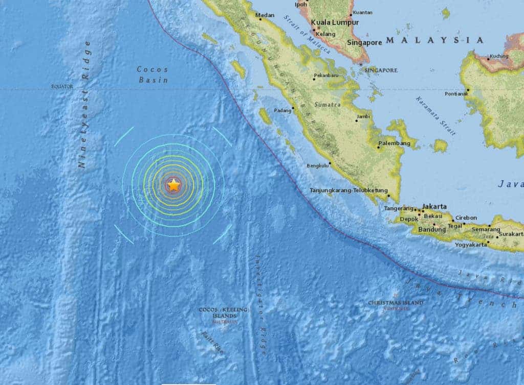 The U.S. Geological Survey said the epicenter was about 500 miles west-southwest of Padang, Indonesia and 529 miles north-northwest of the Cocos Islands. Source: USGS
