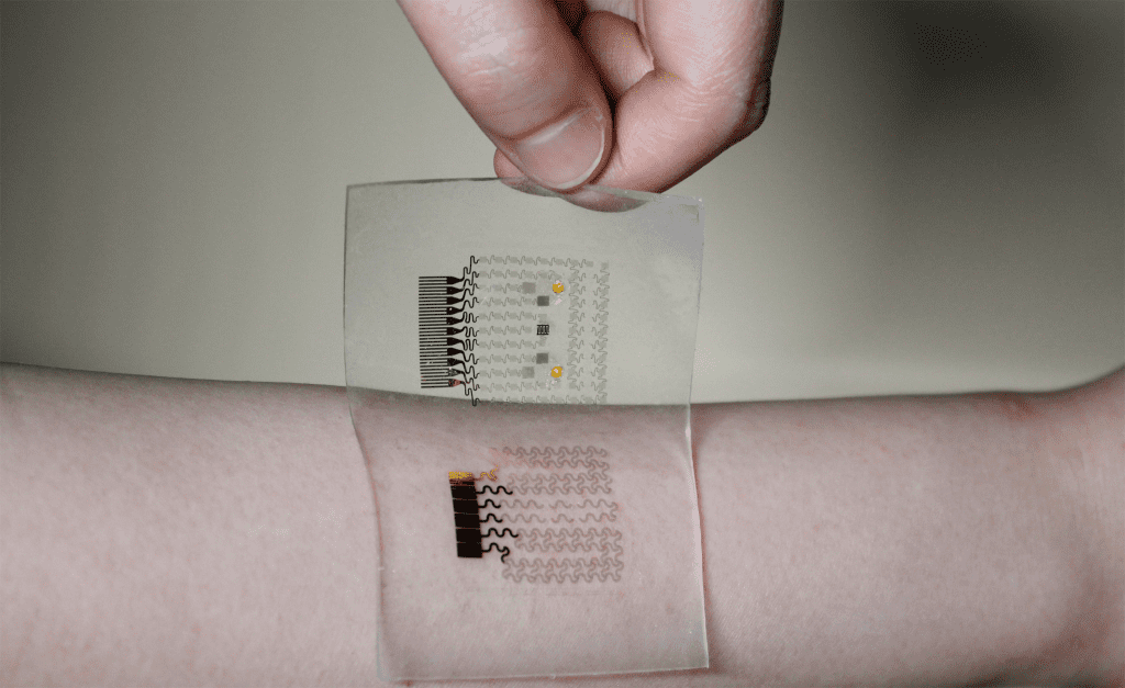 Image of the diabetes patch partially peeled off from the user’s skin. The elastomeric substrate enables conformal lamination of the patch on the human skin. Credit: Hui Won Yun, Seoul National University