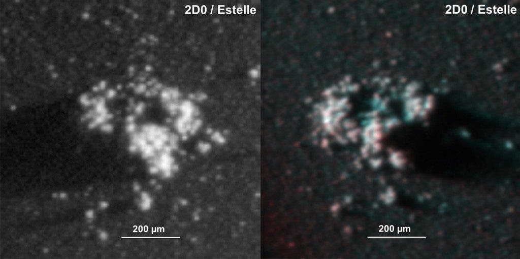 Shattered cluster Estelle, one of the most tightly-packed shattered clusters identified. It has three major components plus many minor components. The right hand image is the 3D anaglyph. Credit: ESA