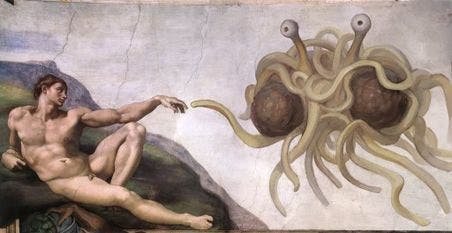 Touched by His Noodly Appendage, a parody of Michelangelo's The Creation of Adam, is an iconic image of the Flying Spaghetti Monster