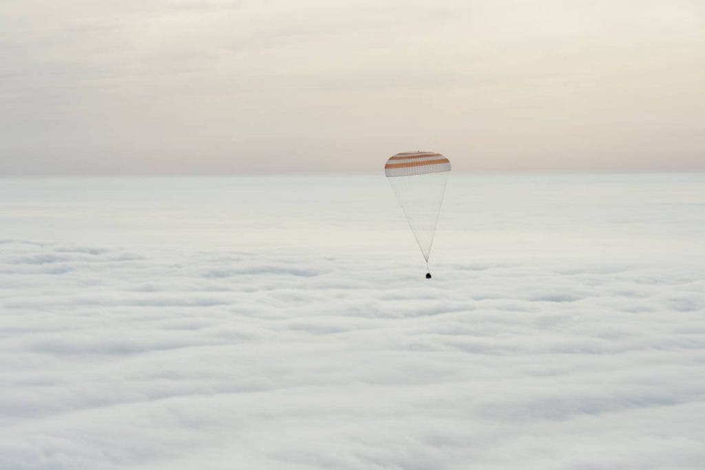The Soyuz TMA-18M spacecraft is seen as it lands with Expedition 46 Commander Scott Kelly of NASA and Russian cosmonauts Mikhail Kornienko and Sergey Volkov of Roscosmos near the town of Zhezkazgan, Kazakhstan on Wednesday, March 2, 2016 (Kazakh time). Kelly and Kornienko completed an International Space Station record year-long mission. Photo via NASA.