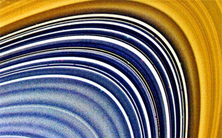 Voyager 2 picture of Saturn's rings. Image was color enhanced.
Image via nasa.gov