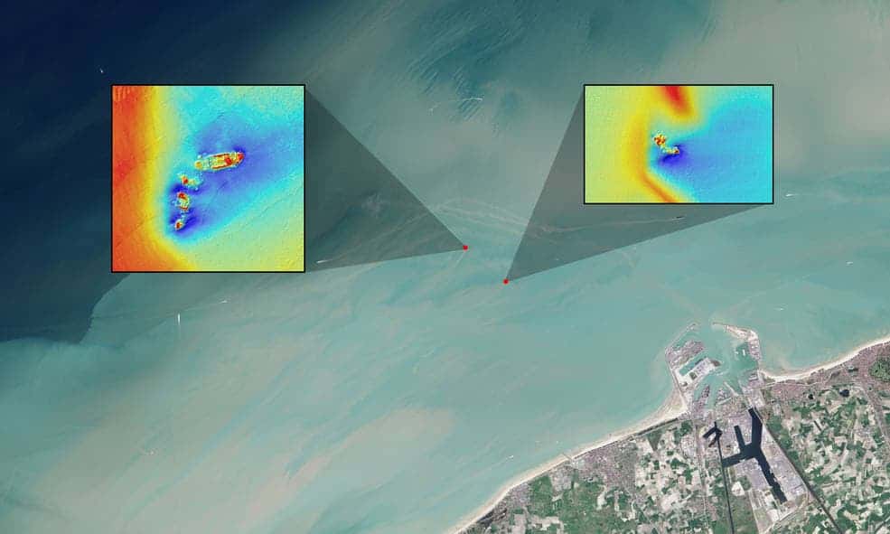 In this natural color Landsat OLI image, long sediment plumes extend from the wreck sites of the SS Sansip and SS Samvurn. Insets show elevation models (created by a multibeam echosounder) of the wrecks on the seafloor.
Credits: NASA/USGS Landsat/Jesse Allen/NASA Earth Observatory/Matthias Baeye et al