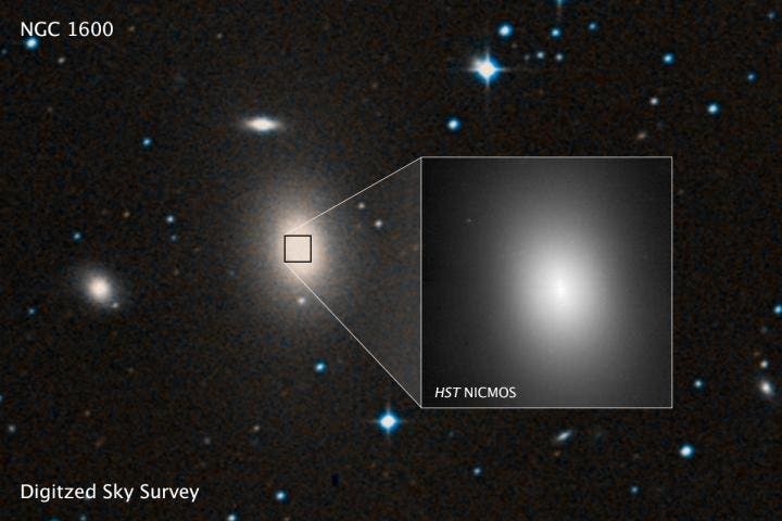 A sky survey image of the massive galaxy NGC 1600, and a Hubble Space Telescope closeup of the bright center of the galaxy where the 17-billion-solar-mass black hole -- or binary black hole -- resides.
Credit: ESA/Hubble image courtesy of STScI.
