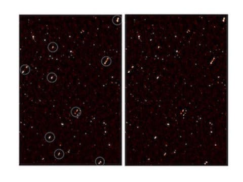An image of the deep radio map covering the ELAIS-N1 region, with aligned galaxy jets. The image on the left has white circles around the aligned galaxies; the image on the right is without the circles.
Credit: Prof Russ Taylor