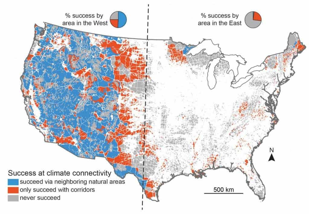 Blue means wildlife can manage predicted climate change, orange areas is where the animals need a corridor to survive and grey where there's no hope what so ever. Credit: enny McGuire, Georgia Tech