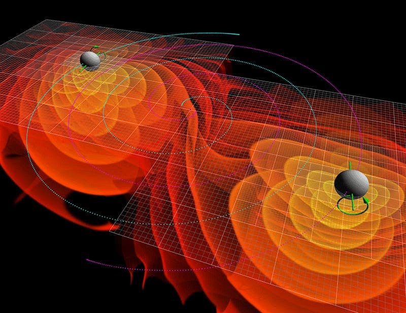 Graphical depiction of two merging black holes, a phenomenon which could be studied through gravitational waves. Image via Wikipedia.