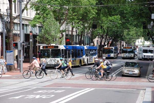 Buses and bikes in downtown Portland. Image by Steve Morgan.