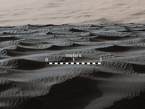 Two sizes of ripples are evident in this December 13th, 2015, view of a top of a Martian sand dune, from NASA’s Curiosity Mars rover. Sand dunes and the smaller type of ripples also exist on Earth. Credit: NASA