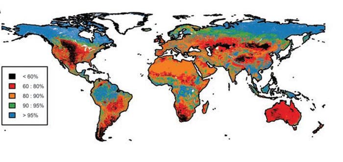Total abundance of species occurring in primary vegetation (areas above safe limit in blue) 
Image credits Newbold et al/Science