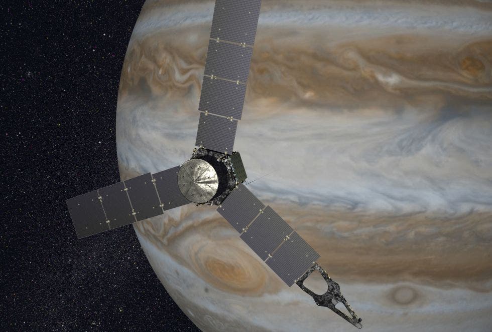 The Juno spacecraft edged its way around Jupiter, embarking on a quest to help us better understand the gas giant. Artistic depiction, via NASA.