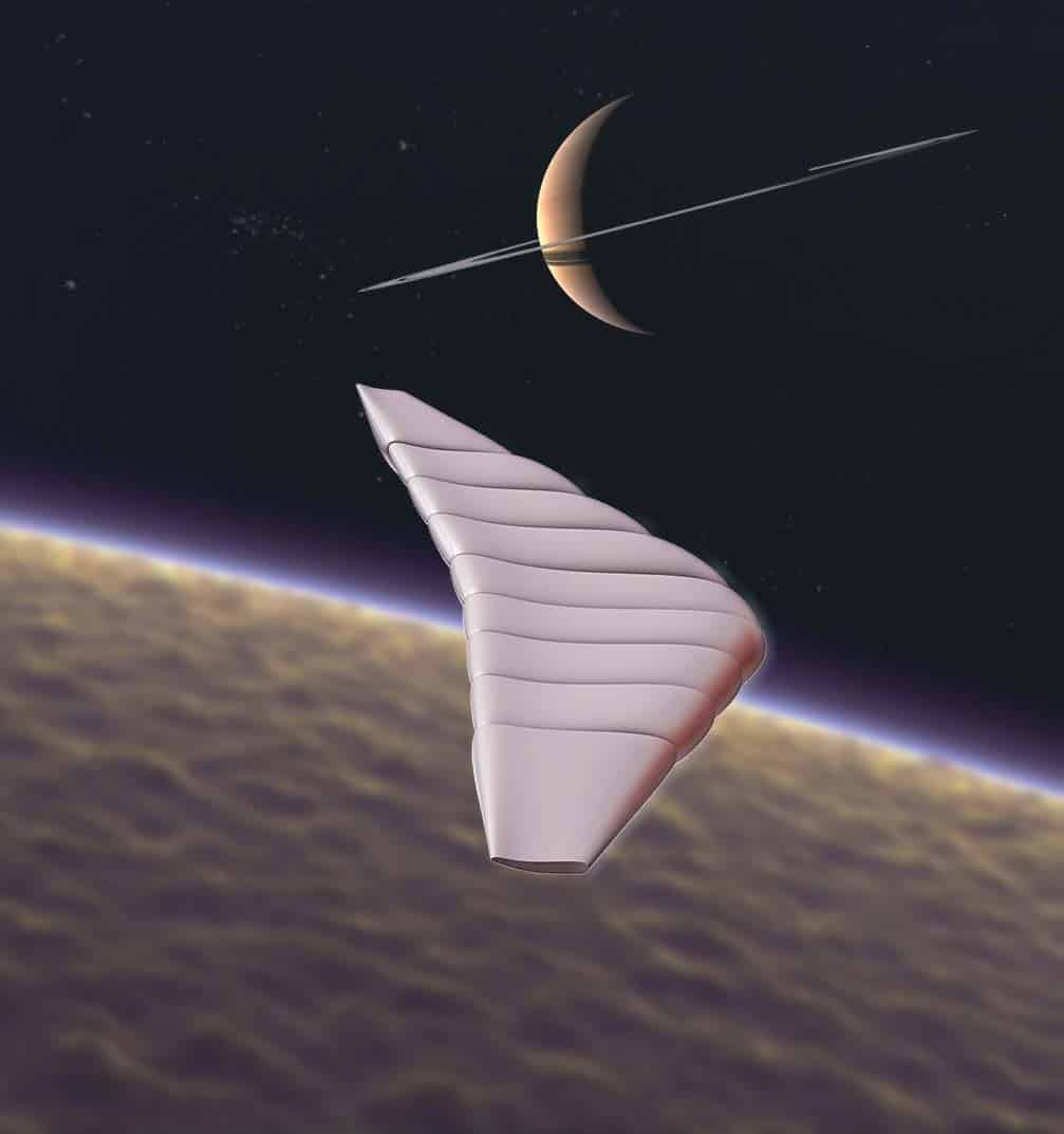 Artist's impression of a winged vehicle entering the atmosphere of Saturn's moon Titan.
Credit: GAC/NGAS