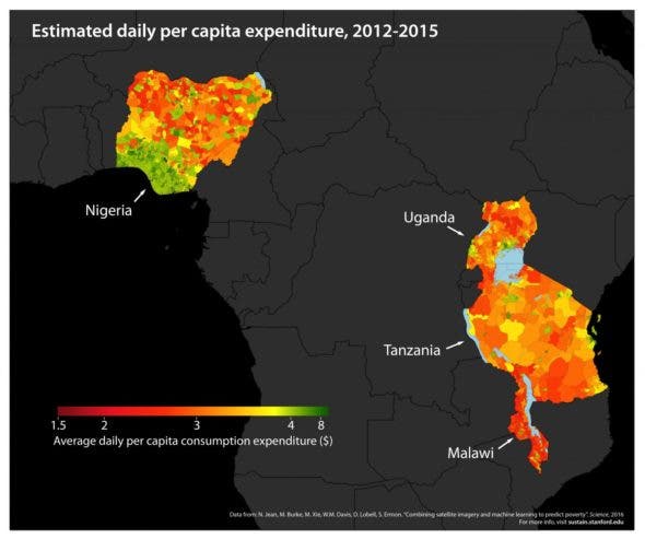 Stanford researchers combine high-resolution satellite imagery with powerful machine learning algorithms to predict poverty in Nigeria, Uganda, Tanzania, Rwanda and Malawi. CREDIT: Neal Jean et al.