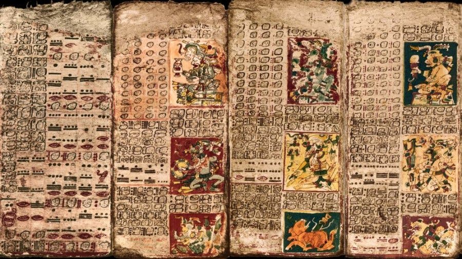 The Preface of the Venus Table of the Dresden Codex, first panel on left, and the first three pages of the Table. Credit: Image courtesy of University of California - Santa BarbaraClose