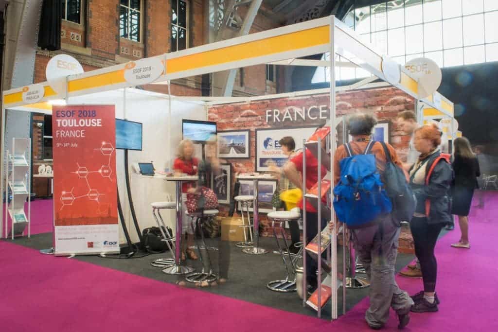 The ESOF 2018 Toulouse stand in the main exhibition hall at the EuroScience Open Forum at Manchester Central, in Manchester, United Kingdom on Wednesday 27th July 2016. Credit: Matt Wilkinson Photography