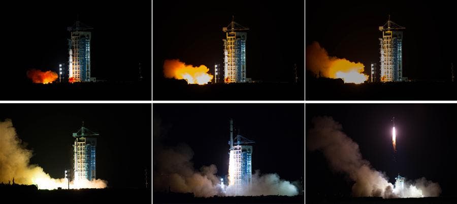 Combined photo shows China launching the world's first quantum satellite. (Xinhua/Jin Liwang)