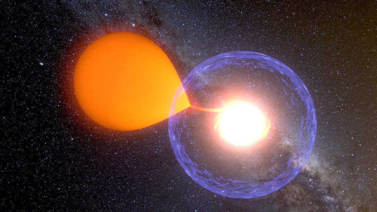 Artistic depiction of a white dwarf sucking up hydrogen from its companion star. K. Ulaczyk / Warsaw University Observatory