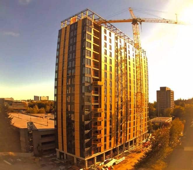 The wooden skyscraper was constructed ahead of target. Image via Acton Ostry Architects, who developed the project.