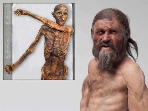 Inset: Otzi mummy. Background: reconstruction of the Iceman. Credit: Wikimedia Commons