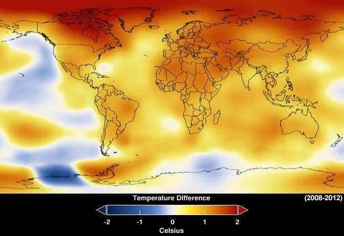 Global temperature anomalies averaged from 2008 through 2012.
Image credits NASA Goddard Institute for Space Studies.