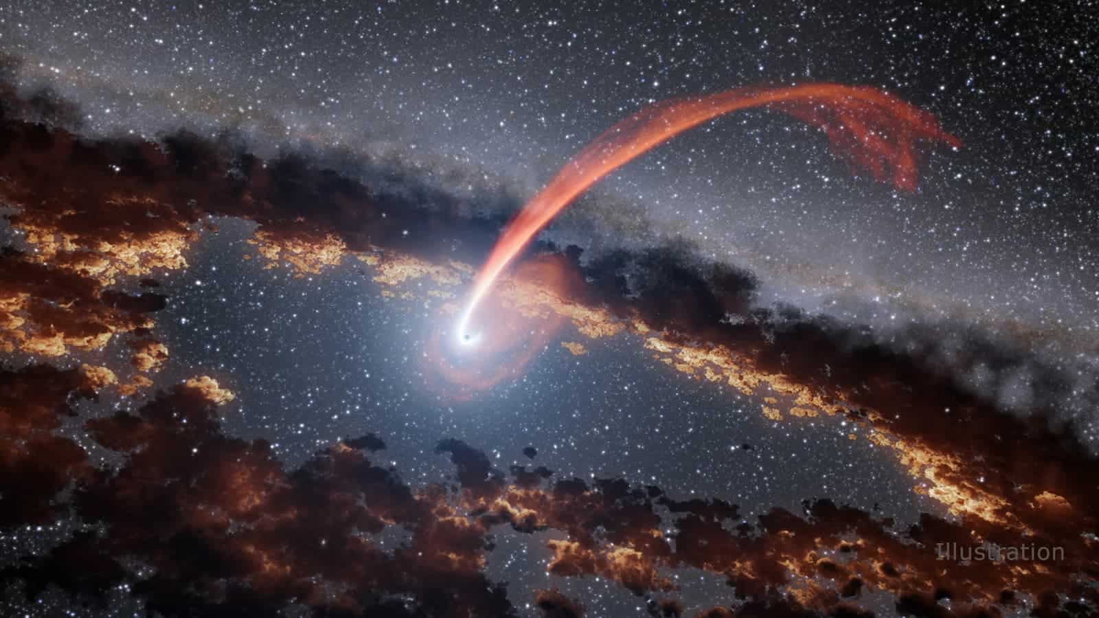 This illustration shows a glowing stream of material from a star as it is being devoured by a supermassive black hole in a tidal disruption flare. Image credit: NASA/JPL-Caltech