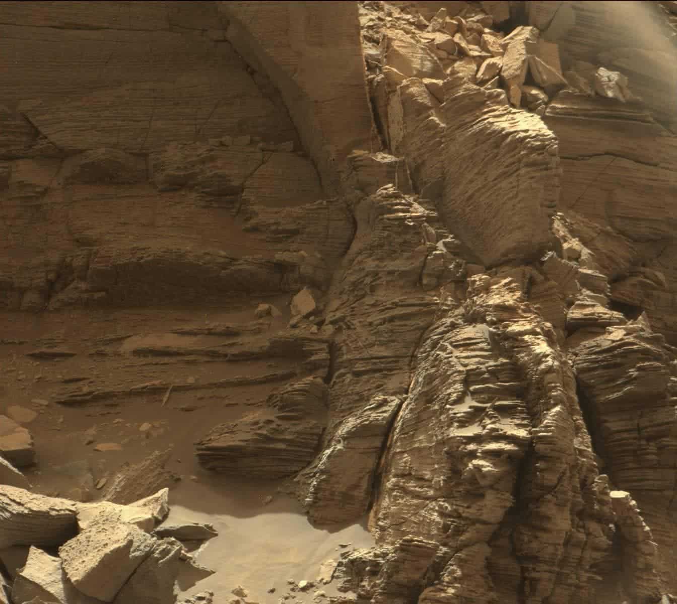 This view from the Mast Camera (Mastcam) in NASA's Curiosity Mars rover shows an outcrop with finely layered rocks within the 