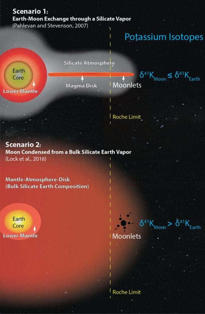 Two recent models for the formation of the moon, one that allows exchange through a silicate atmosphere (top), and another that creates a more thoroughly mixed sphere of a supercritical fluid (bottom), lead to different predictions for potassium isotope ratios in lunar and terrestrial rocks (right). Credit: Kun Wang