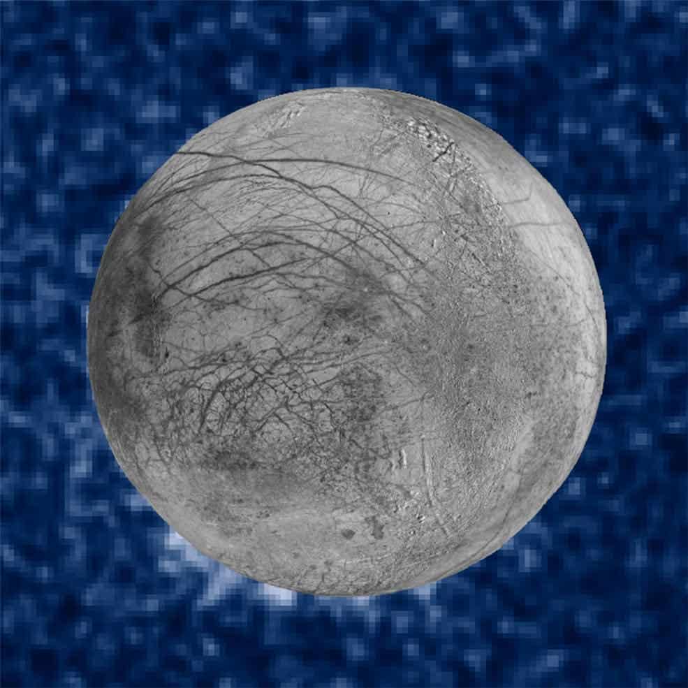 This composite image shows suspected plumes of water vapor erupting at the 7 o’clock position off the limb of Jupiter’s moon Europa.  Credits: NASA/ESA/W. Sparks (STScI)/USGS Astrogeology Science Center