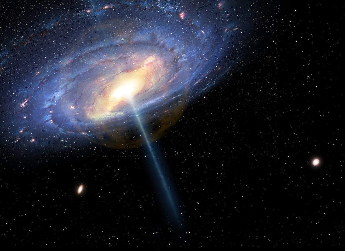 An artist's impression of the exploding quasar at the center of the Milky Way 6 million years ago. The wisps of orange at the center represent the gasless 
