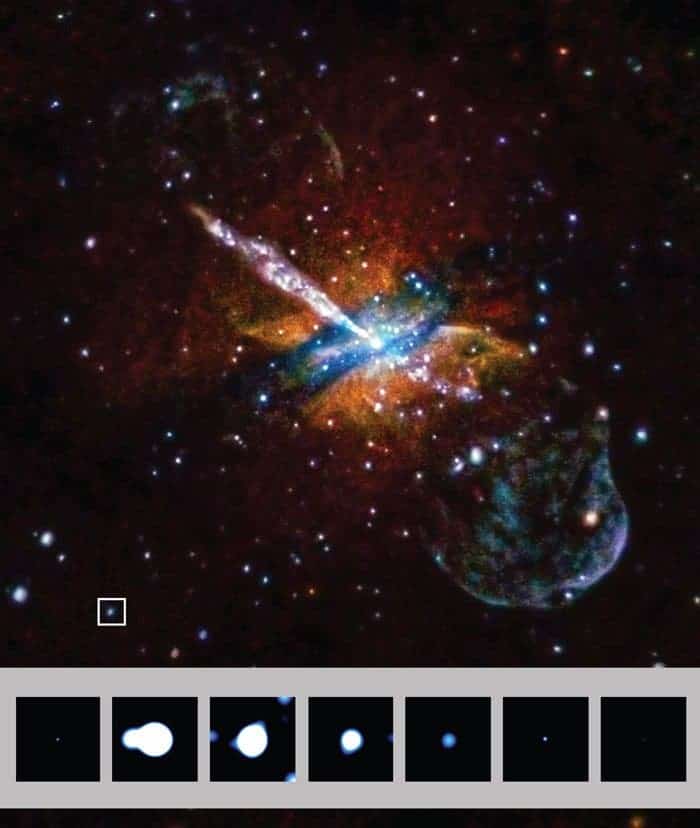 Galaxy NGC 5128, with the flaring object highlighted in the square. Image credits NASA / J.Irwin et al. 2016