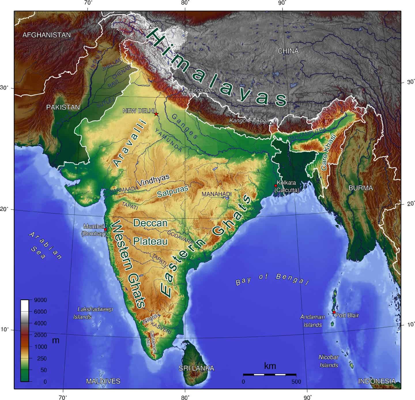 Map showing the mountains of India, created by a tectonic collision. Photo by Sagredo.