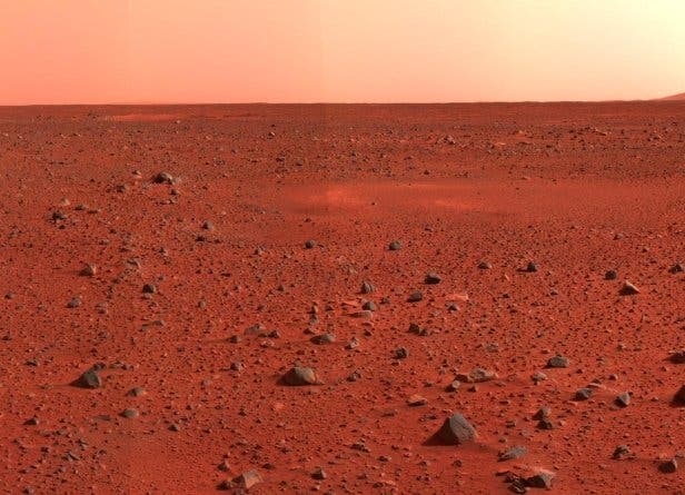 This dusty, iron-rich surface gives Mars its famous red. Beneath the dusty surface, which is anywhere between a few millimetres and two metres deep, we can find hardened lava composed mostly of basalt. Credit: NASA