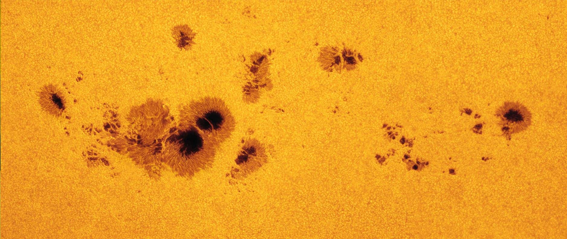 A group of sunspots. The big one in the lower-left part of the image stretches more than 11 Earths, or 87,000 miles across. Image by NASA.