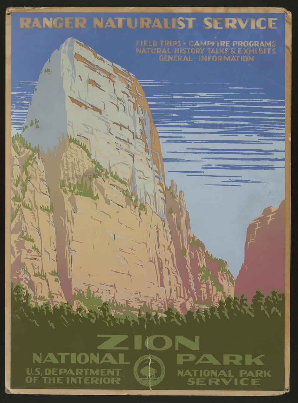 Zion national park features on a poster circa 1938