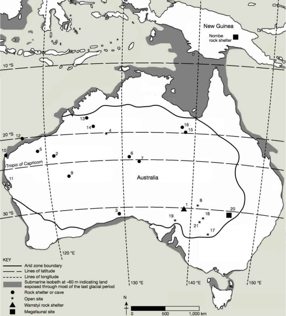 Australia's arid interior is shown on this map of the continent as the area delineated by the thick dark line. The Warratyi rock shelter, shown with a triangle, sits well inside this area. Credit: Nature
