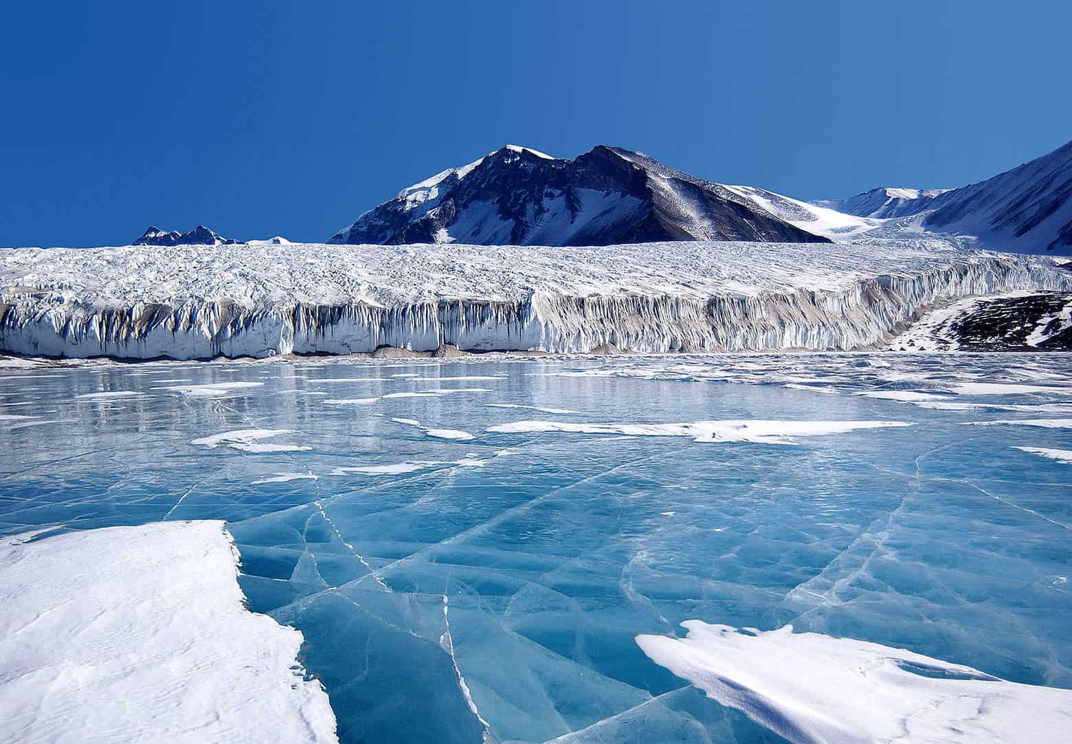 The blue ice covering Lake Fryxell, in the Transantarctic Mountains, comes from glacial meltwater from the Canada Glacier and other smaller glaciers. Image credits: Joe Mastroianni